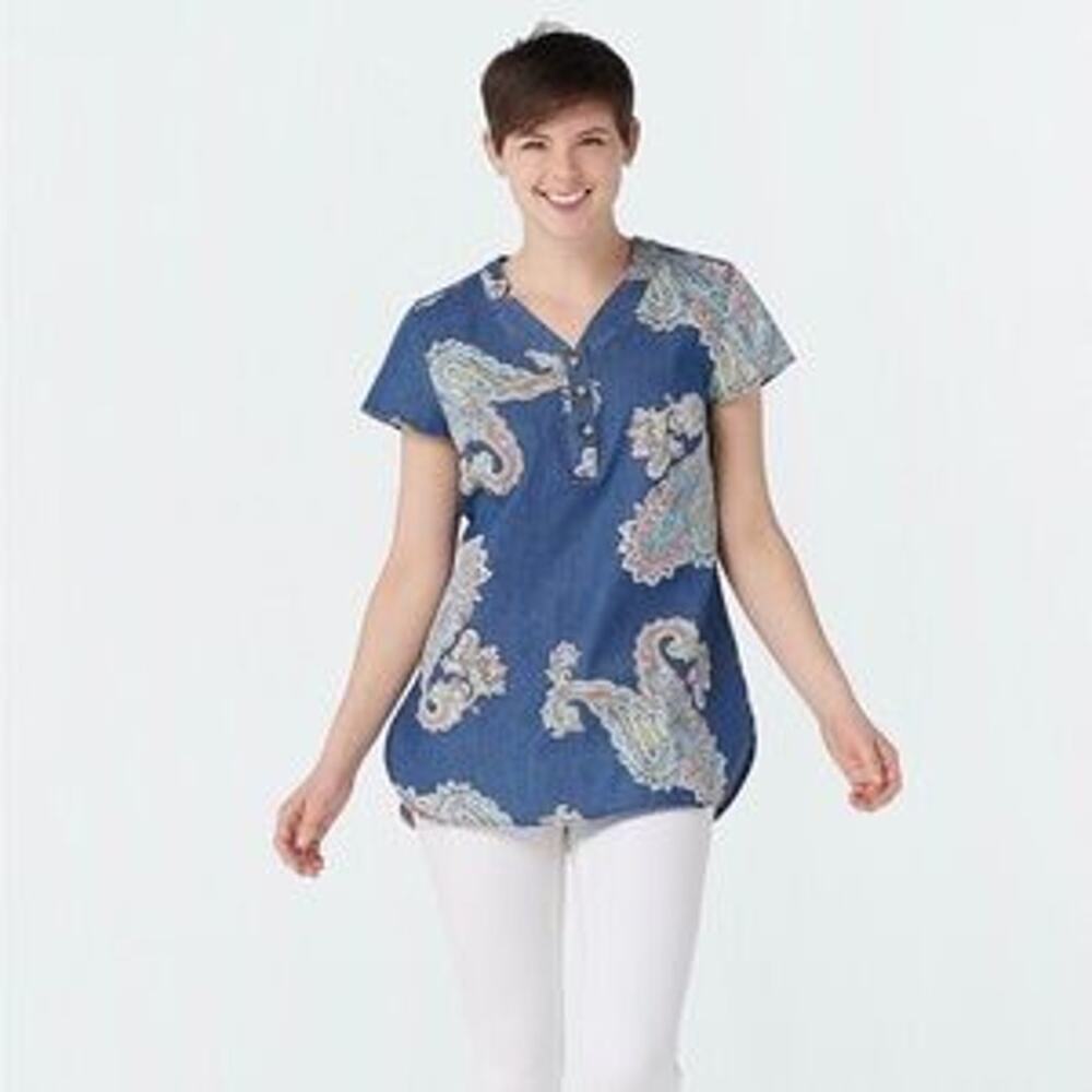 Denim & Company Blue Chambray w/Multicolor Pasley Cotton Henley Tunic size 1X